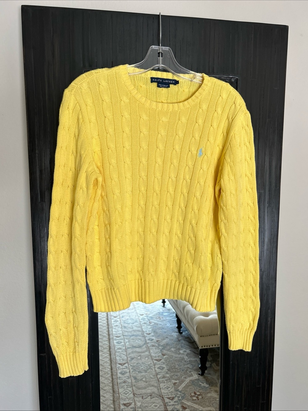 Vintage Ralph Lauren Sweater Women’s L Yellow 100% Cotton Cable Knit Pony Logo